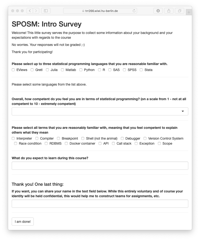 Screen shot of survey page